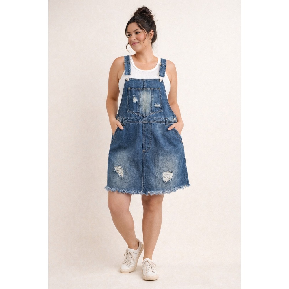 Umgee Distressed Denim Overall Dress Sz M Boho Casual Layered Festival Western